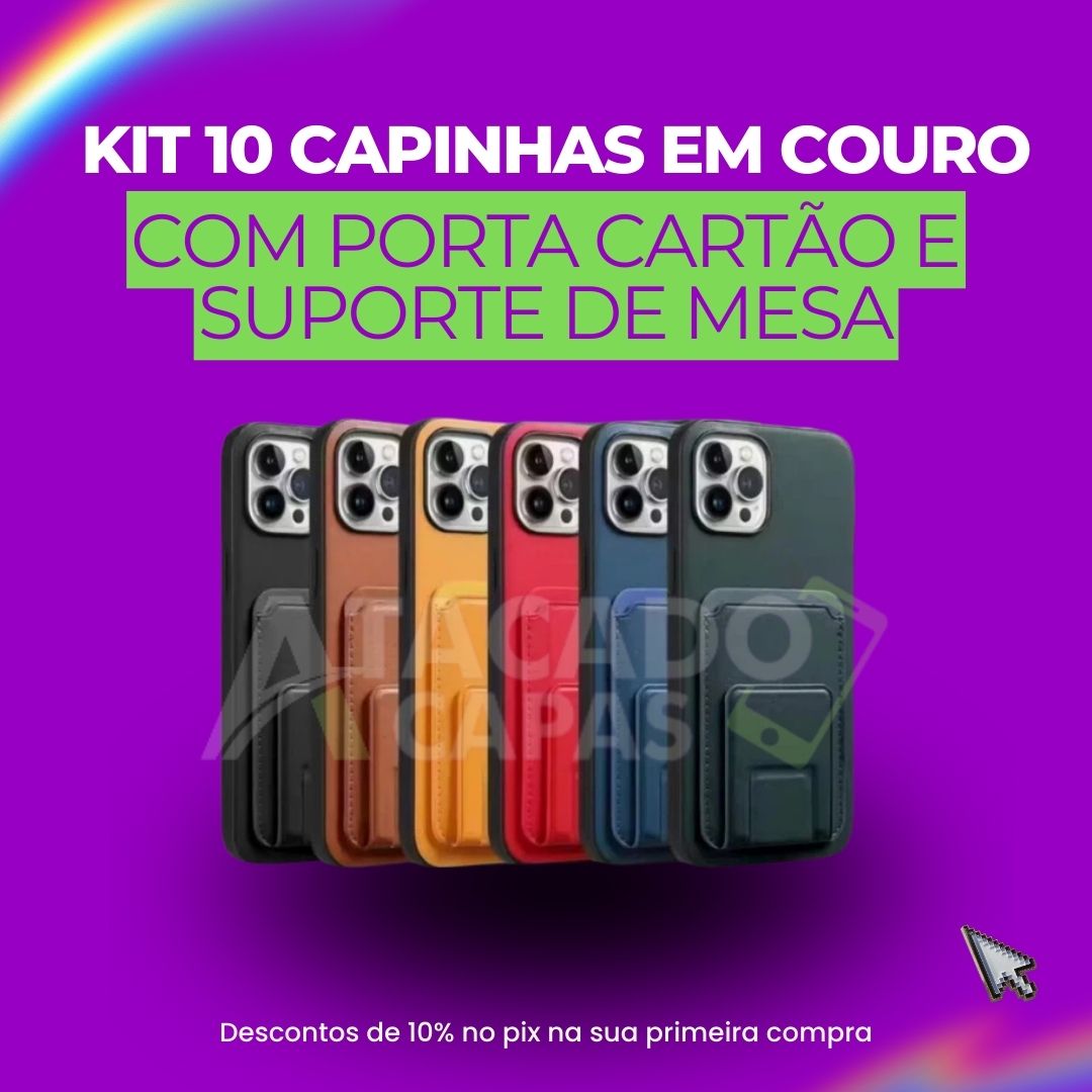 KIT 10 CAPINHAS EM COURO COM PORTA CARTÃO E SUPORTE DE MESA