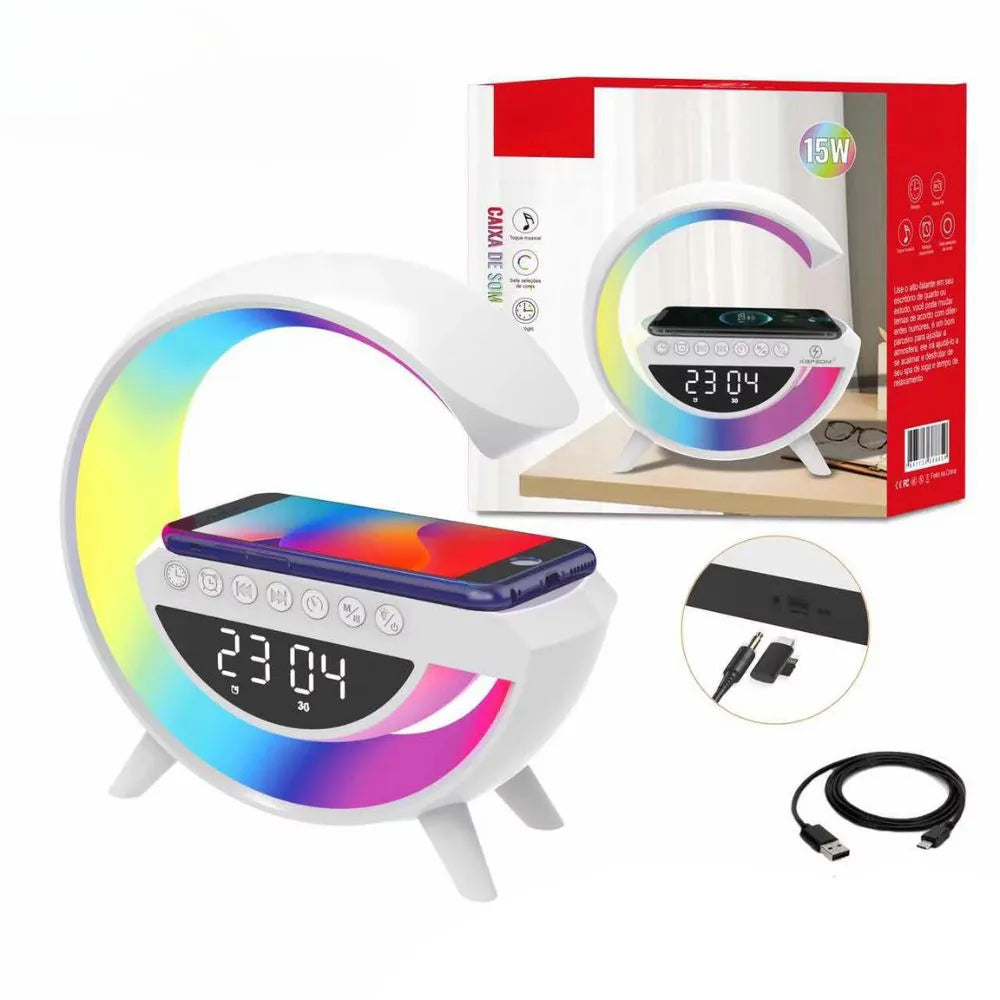 CAIXA DE SOM LUMINÁRIA G C/ RELÓGIO E CARREGADOR POR INDUÇÃO - XTRAD - XDG-8601