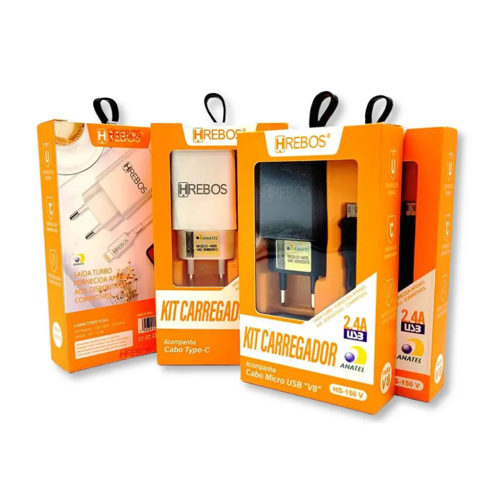 KIT CARREGADOR DE CELULAR 2.4A 12W + CABO - HREBOS - HS-150