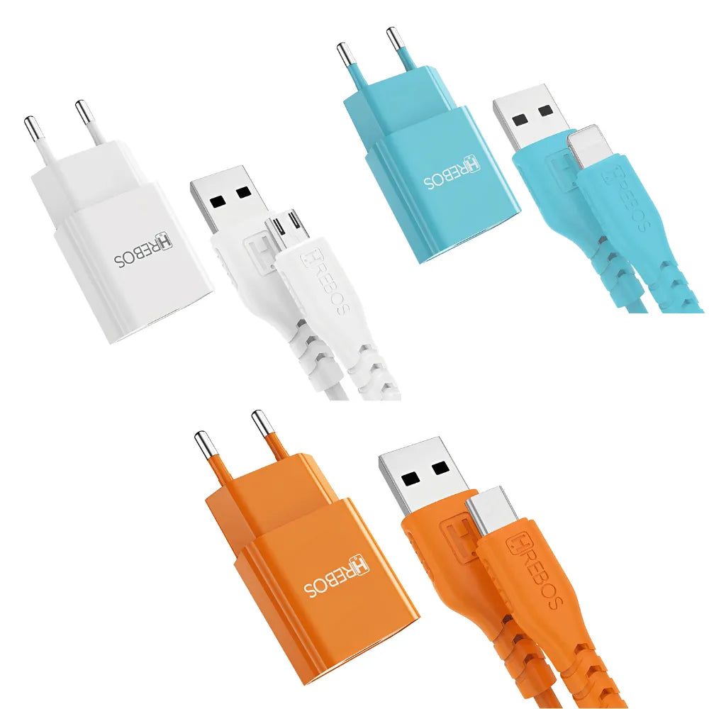 KIT CARREGADOR DE CELULAR 2.4A USB COLORIDO - HREBOS - HS-390