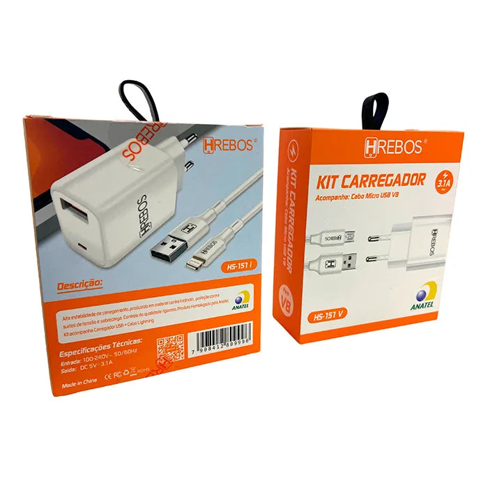 KIT CARREGADOR DE CELULAR 3.1A 15W + CABO - HREBOS - HS-151