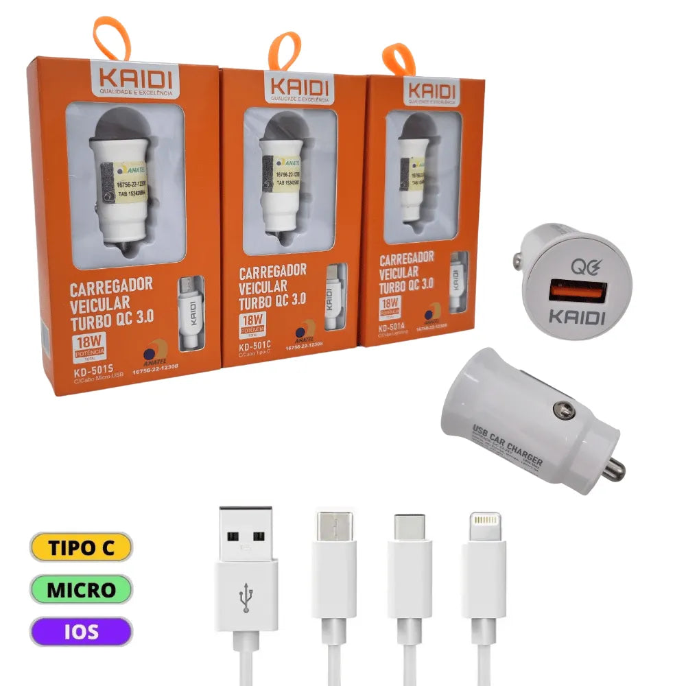 KIT CARREGADOR VEICULAR 3.0A 18W UBS + CABO - KAIDI - KD-501