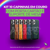 KIT 10 CAPINHAS EM COURO COM PORTA CARTÃO E SUPORTE DE MESA