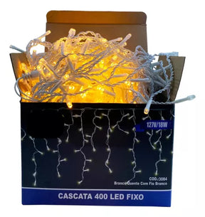 Cascata 400 Leds 10m Fio Branco Luz Quente Fixa Conector M/f