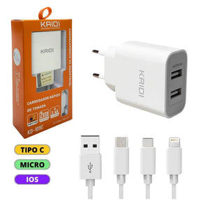 KIT CARREGADOR DE CELULAR 2.4A DUAL USB - KAIDI - KD-109