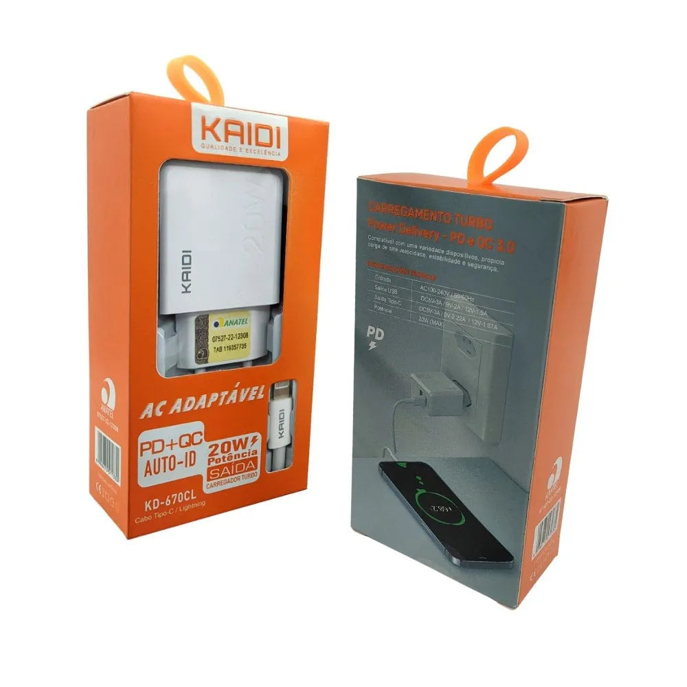 KIT CARREGADOR DE CELULAR 3A 20W + CABO - KAIDI - KD-670