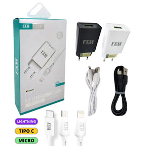KIT CARREGADOR 2.1A 10W USB 1M - FAM
